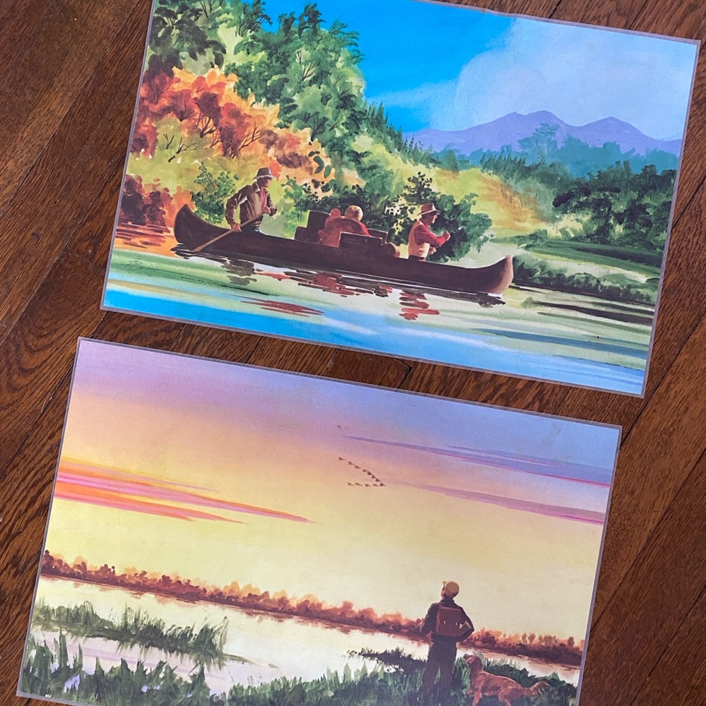 Hunting and Fishing Placemats vintage laminated sporting life scenes 1970s